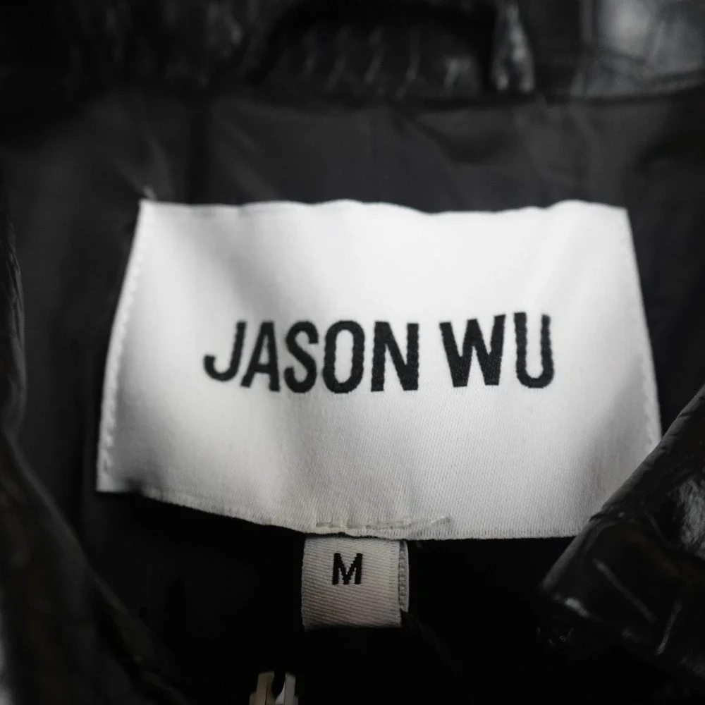 Jason Wu Jacket‎ Womens M Black Faux Leather Long Trench Coat Parka Belted Croc